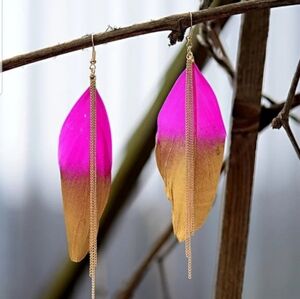 Exotic Feather Dipped in Gold Long Earrings